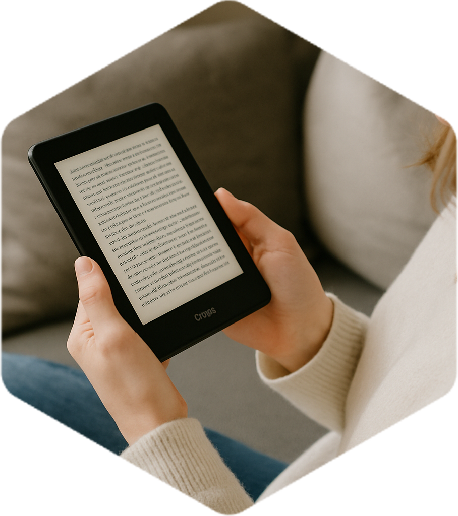AI image of a person reading an e-book reader
